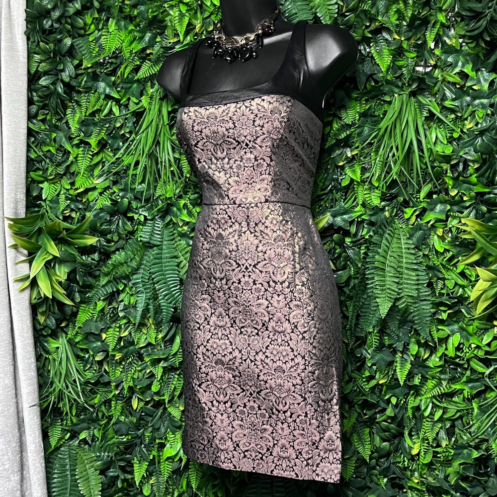 Ali Ro Dress Size 6 gold Black Floral Metallic Sheath Sheep Leather‎ Trim 3712